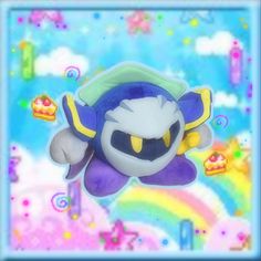 an image of a cartoon character flying through the air with clouds and rainbows in the background