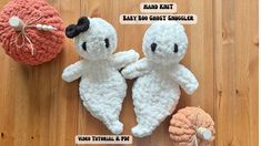 two crocheted stuffed animals sitting next to each other on a wooden floor with text that reads hand knit baby ghost sweater