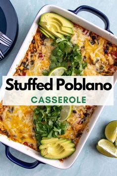 a casserole dish with avocado, cheese and cilantro on top