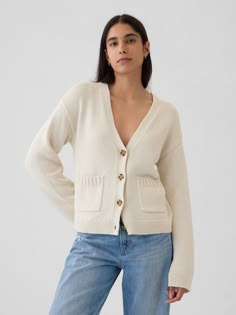 Soft cotton cardigan sweater.  V-neck, button front.  Long sleeves.  Slim patch pockets at hem.  * Fit: Relaxed.  A straight & easy fit.  * Style Note: For a more Classic fit, go down one Cable Cardigan, Summer Cardigan, Cream Cardigan, Pocket Cardigan, Gap Sweater, Cable Knit Cardigan, Cotton Cardigan, Cotton Sweater, Cardigans For Women