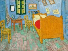 a drawing of a bedroom with blue walls and wooden furniture, including a small bed