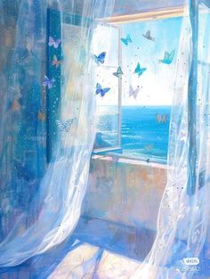 a painting of a window with curtains and butterflies on the windowsill looking out at the ocean