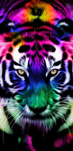 a colorful tiger's face is shown in the dark, with bright colors on it