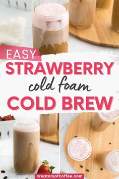 strawberry cold fam cold brew with strawberries on the side and text overlay