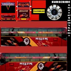 the bus is red and yellow with black lettering on it's side, along with an image of a lion head