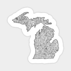 the michigan state map is drawn in black and white with words all over it's surface