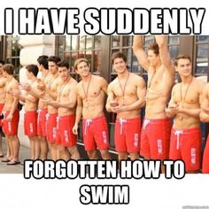 a group of men in swim trunks standing next to each other with the caption i have suddenly forgotten how to swim