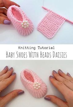 two photos showing how to crochet baby shoes with bead's daisies