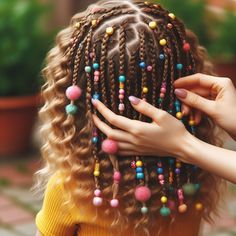 Box braids with decorative beads, ribbons, or yarn-Hairstyle for Girl Kids with long curly hairs Beads In Hair Braids, Beads In Hair, Braids And Beads, Braids With Beads, Girls Hairstyles Braids, Girls Braids