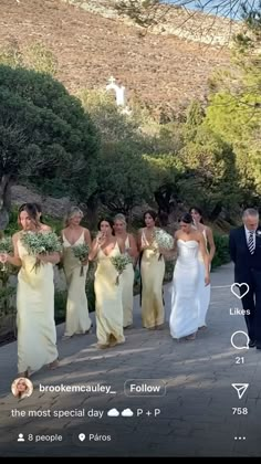 the bridesmaids are walking down the path with their bouquets in each hand