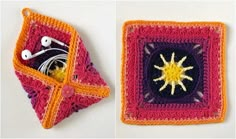 there is a crocheted square with an orange star on it