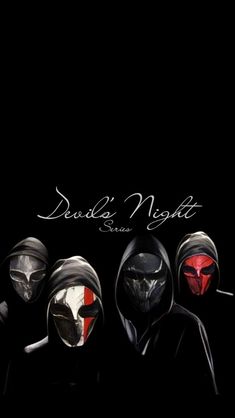 three people wearing helmets with the words devil's night written on them