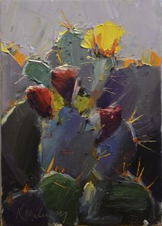 a painting of a cactus with yellow flowers