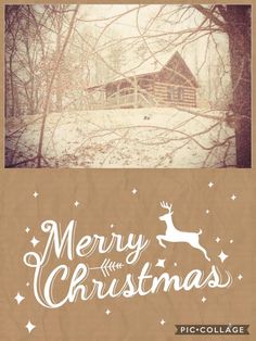 a christmas card with the words merry and a cabin in the background