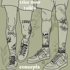 two men with tattoos on their legs and one is wearing white shoes, the other has black