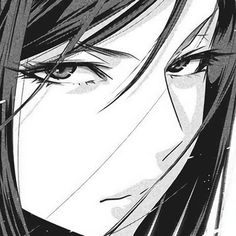 an anime character with long hair and blue eyes looking at the camera, in black and white