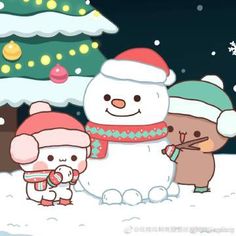 there is a snowman and two bears in front of a christmas tree