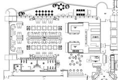 the floor plan for a restaurant with tables and chairs, seating areas, and an open kitchen