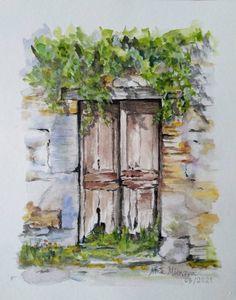 a watercolor painting of an old window with vines growing on the windowsills