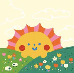 an illustration of a sun over a hill with flowers