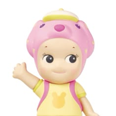 a small toy doll with a pink hat on it's head and arms out