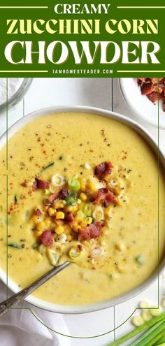 creamy zucchini corn chowder in a white bowl with green text overlay