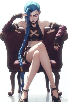 a woman with blue hair sitting on top of a chair