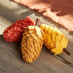 two decorative pine cones sitting on top of a wooden table