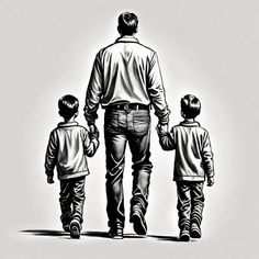 a black and white drawing of a man walking with two children