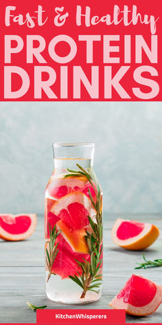 a glass jar filled with watermelon and rosemary sprigs on top of a wooden