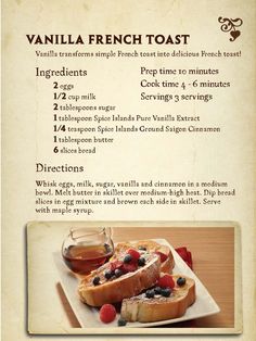 the menu for vanilla french toast is shown with information about it and how to make it