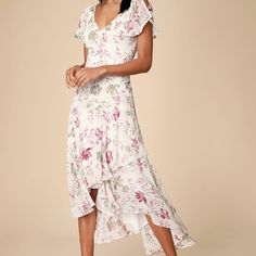 Lulus Exclusive! Let The Romance Of The Lulus Lovestruck White Floral Print High-Low Midi Dress Sweep You Off Your Feet! This Woven Little Number Looks Like Something Straight From A Fairy Tale Thanks To Its Gauzy Purple, Green, And Beige Floral Print Chiffon Construction And Fluttery Split Short Sleeves. A Princess-Seamed Bodice, With V-Neck And Back, Carries Into A Flowy Midi-Length Skirt With An Asymmetrical High-Low Effect That Adds The Perfect Dramatic Finish! Hidden Back Zipper/Clasp. Size White Flutter Sleeve Maxi Dress For Brunch, White Flutter Sleeve Midi Dress For Vacation, White Flutter Sleeve Maxi Dress For Garden Party, White Flowy Midi Dress With Flutter Sleeves, White Flutter Sleeve Maxi Dress For Daywear, White Feminine Midi Dress With Flutter Sleeves, Casual Midi Dress With Floral Print And High-low Hem, Maroon Fitted Dress, Spring High-low Hem Floral Maxi Dress