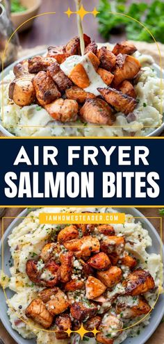 air fryer salmon bites on top of mashed potatoes