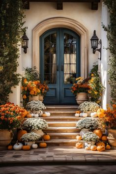 an entry way with pumpkins and gourds on the steps, surrounded by potted plants