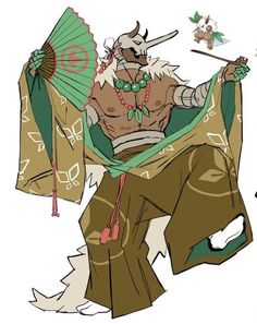 a drawing of a man with an animal like costume holding two green and white parasols