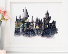 a watercolor painting of hogwart's castle with pink flowers in the foreground