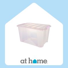 a plastic storage container with the words at home on it's front and bottom