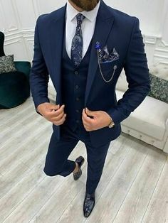 Men Suit Navy Blue Formal Business Slim Fit Party Prom Groom Tuxedo Wedding  | eBay Blue Prom Suits For Guys, Deep Blue Suit, Suits For Guys, Blue Tuxedo Wedding, Wedding Suits Men Blue, Navy Blue Groom, Blue Groomsmen Suits, Blue Slim Fit Suit, Tie Chain