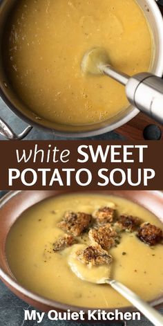 white sweet potato soup in a pot with the recipe title above it and an image of what to eat when you're pregnant