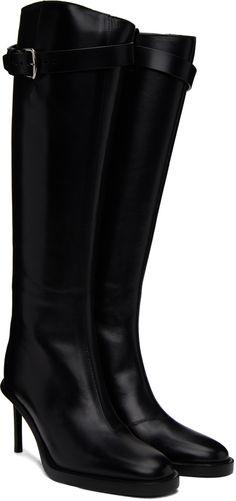 Knee-high buffed leather boots in black. · Detachable pin-buckle strap at collar · Zip closure at heel · Grained leather lining · Stiletto heel with rubber injection · Buffed leather outsole · Heel: H3 in Supplier color: Black Ann Demeulemeester, Boots Knee, Stiletto Heel, Knee High Boots, Leather Boots, Knee High, Stiletto Heels, Women Wear, Buckle