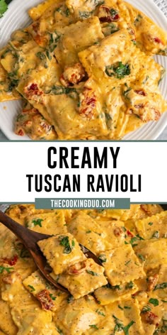 Close-up of creamy Tuscan ravioli on a plate Ravioli With Spinach And Tomatoes, Sausage With Ravioli, Beef Ravioli Dinner Ideas, Pesto Chicken Ravioli Recipe, Cheese Ravioli With Sausage, Ground Chicken And Ravioli, Creamy Tuscan Ravioli Recipe, Ravioli With Sausage And Spinach, Ravioli With Sausage And Peppers