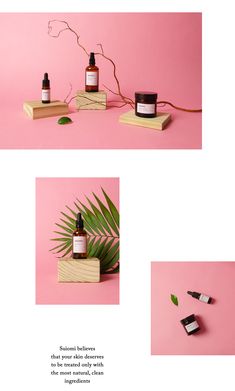 three different shots of the same product on a pink background, one with green leaves