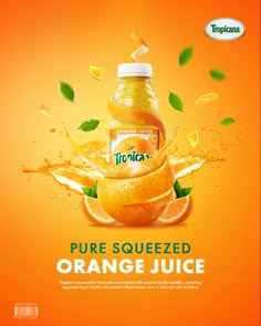 an orange juice advertisement with splashing liquid