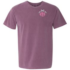 Add a perfect personal touch of embroidered girly glam to any look- “Put A Bow On It”🎀 Perfect for any occasion, this Monogrammed 'Bow' Comfort Colors T-Shirt is sure to turn heads and make a statement :) Casual Cotton Monogram T-shirt, Pink T-shirt With Embroidered Graphics And Relaxed Fit, Pink T-shirt With Embroidered Graphics In Relaxed Fit, Pink Relaxed Fit T-shirt With Embroidered Graphics, Pink Monogrammed Cotton Top, Pink Monogram Cotton Top, Pink Monogrammed Crew Neck Top, Pink Monogram Crew Neck Top, Pink Short Sleeve T-shirt With Embroidered Graphics