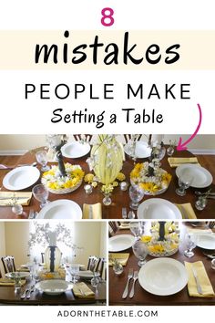 a collage of photos showing the steps to setting a table with flowers and plates