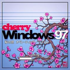 the cherry windows 97 logo is displayed in front of a blue background with pink flowers