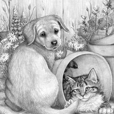 a pencil drawing of a cat and dog in a barrel with flowers on the ground