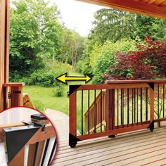 a deck with wooden railings and trees in the background, along with an image of a garden