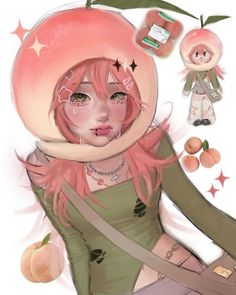 a drawing of a girl with pink hair and an apple on her head, surrounded by peaches