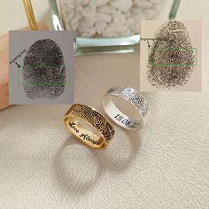 two fingerprints are next to each other on a table with three different rings